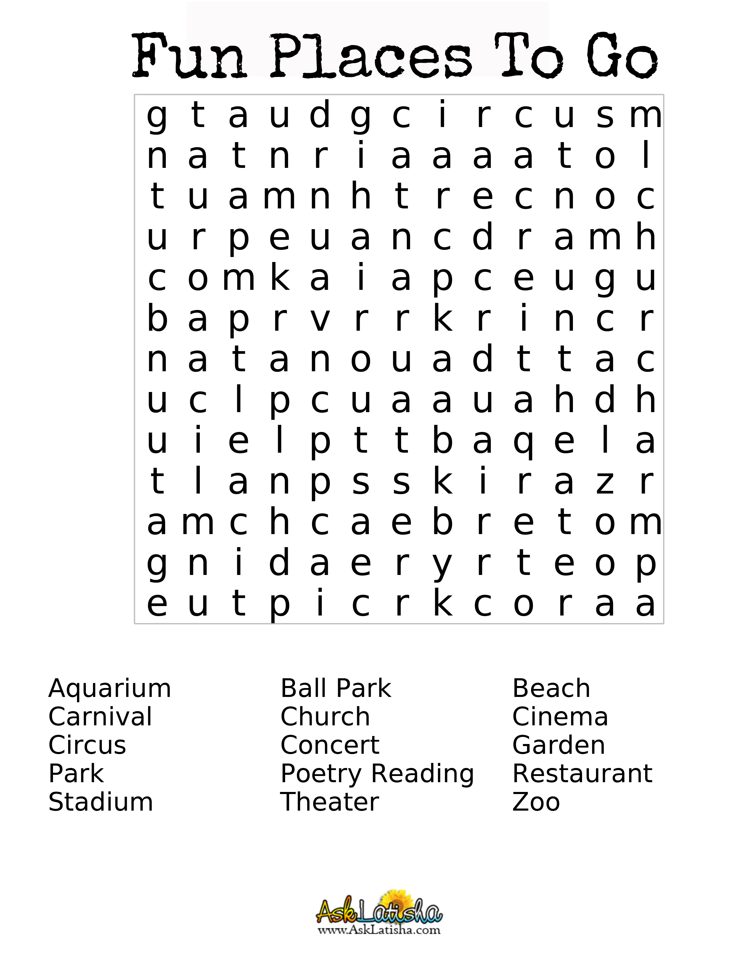 Fun Places To Go Wordsearch